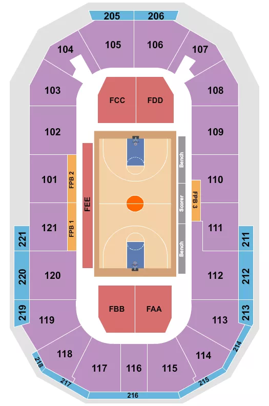 Basketball Seating Chart at Hero Arena At Mountain America Center. The chart shows the main floor/stage with seating options surrounding it, which are color coded