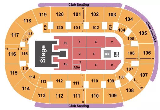 Bailey Zimmerman Seating Chart at Hertz Arena. The chart shows the main floor/stage with seating options surrounding it, which are color coded
