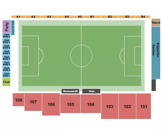 Soccer 2 Seating Chart at Highmark Stadium - Pittsburgh. The chart shows the main floor/stage with seating options surrounding it, which are color coded