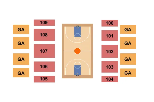 Basketball Seating Chart at Hilliard Gates Sports Center. The chart shows the main floor/stage with seating options surrounding it, which are color coded