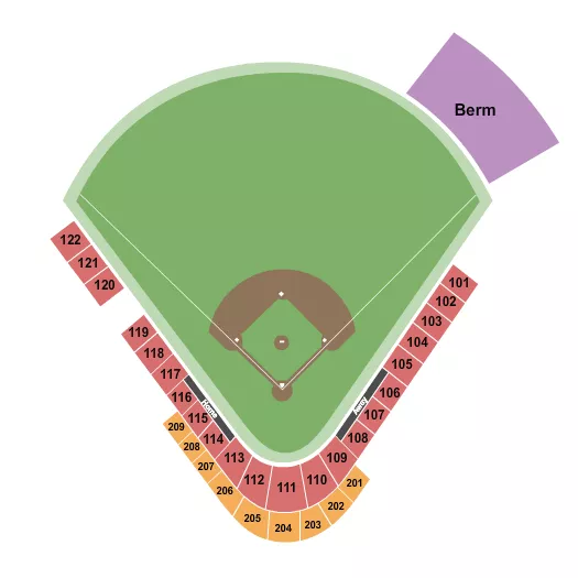 Baseball 2 Seating Chart at Hillsboro Ballpark. The chart shows the main floor/stage with seating options surrounding it, which are color coded
