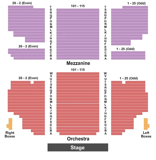 Endstage 1 Seating Chart at Al Hirschfeld Theatre. The chart shows the main floor/stage with seating options surrounding it, which are color coded