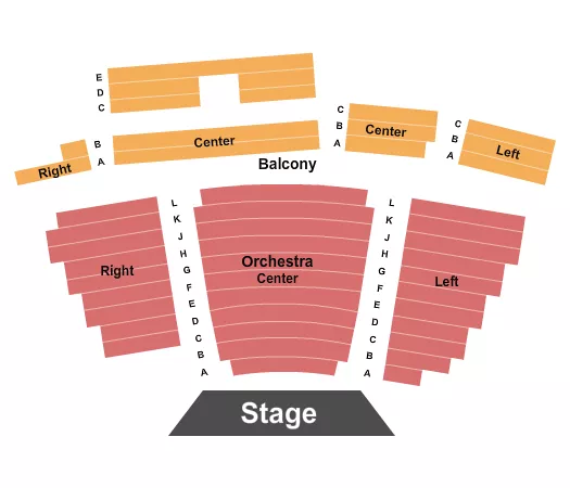 End Stage Seating Chart at Historic Wilson Theatre. The chart shows the main floor/stage with seating options surrounding it, which are color coded