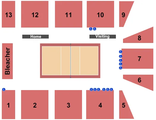 Volleyball Seating Chart at Holloway Gymnasium. The chart shows the main floor/stage with seating options surrounding it, which are color coded