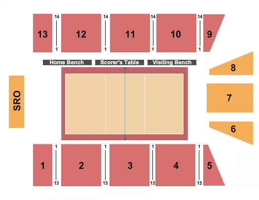 Volleyball Seating Chart at Holloway Gymnasium. The chart shows the main floor/stage with seating options surrounding it, which are color coded