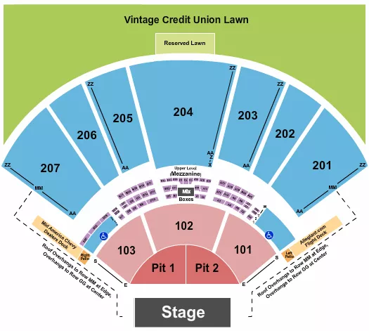 seating chart for Hollywood Casino Amphitheatre - MO - Endstage Pit 1/2, 101-207 w/ Lawn - eventticketscenter.com