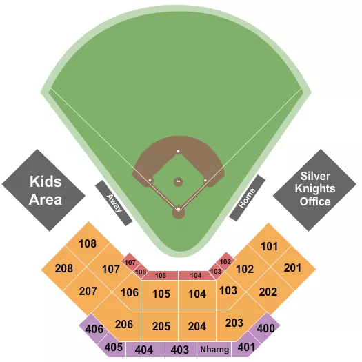 Baseball Seating Chart at Holman Stadium - NH. The chart shows the main floor/stage with seating options surrounding it, which are color coded