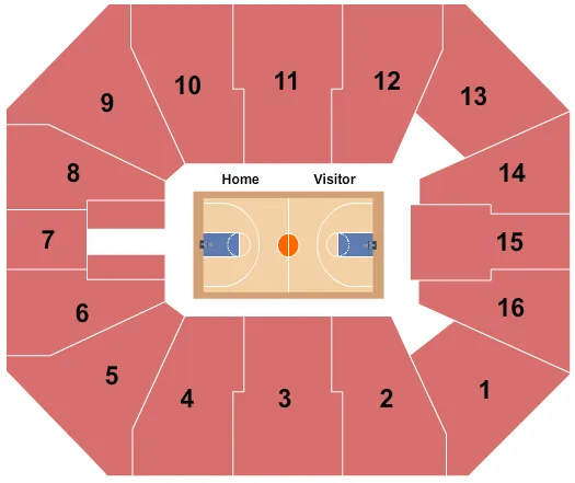 Basketball Seating Chart at Holmes Convocation Center. The chart shows the main floor/stage with seating options surrounding it, which are color coded