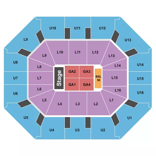 Endstage GA Floor 2 Seating Chart at Holmes Center. The chart shows the main floor/stage with seating options surrounding it, which are color coded