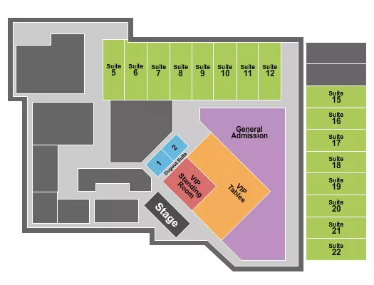 GA & Tables 2 Seating Chart at Home Run Dugout. The chart shows the main floor/stage with seating options surrounding it, which are color coded