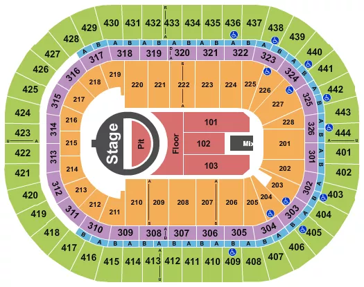 5 Seconds of Summer Seating Chart at Honda Center. The chart shows the main floor/stage with seating options surrounding it, which are color coded