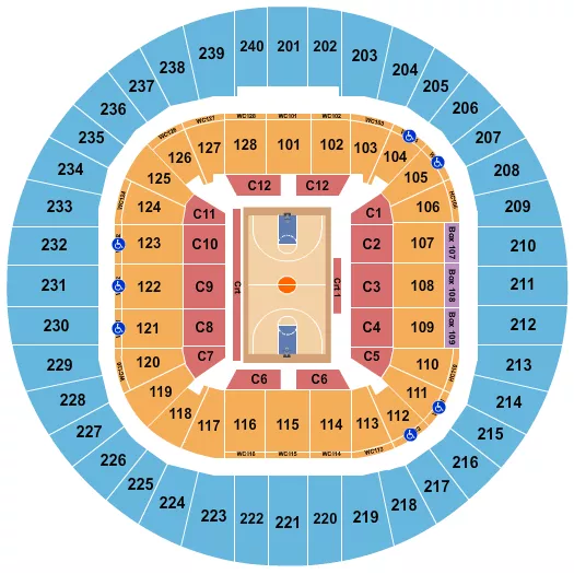 Basketball - Globetrotters Seating Chart at Hope Coliseum. The chart shows the main floor/stage with seating options surrounding it, which are color coded