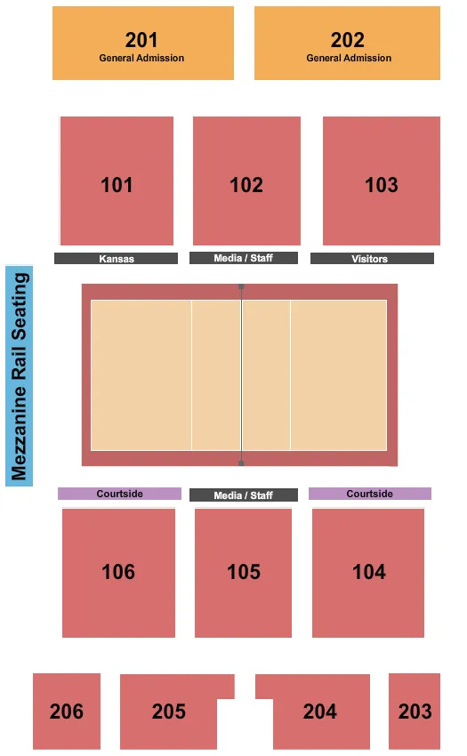 Volleyball Seating Chart at Horejsi Family Athletics Center. The chart shows the main floor/stage with seating options surrounding it, which are color coded