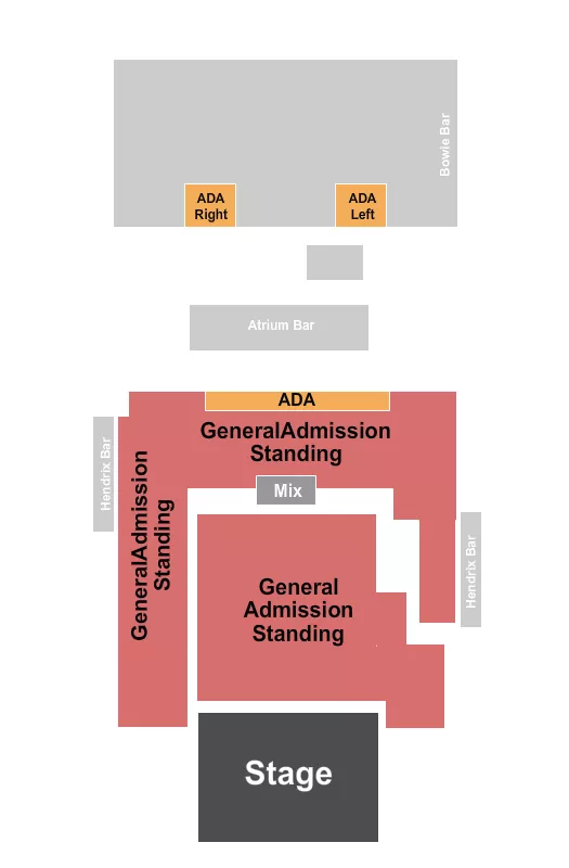 GA/ADA Seating Chart at House Of Blues. The chart shows the main floor/stage with seating options surrounding it, which are color coded