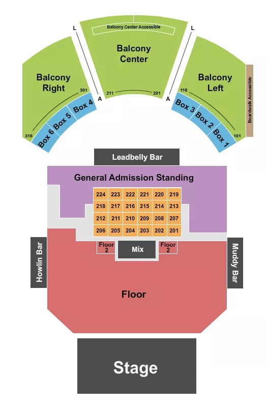 Endstage 2 Seating Chart at House Of Blues. The chart shows the main floor/stage with seating options surrounding it, which are color coded