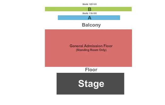 Endstage GA Seating Chart at House Of Blues. The chart shows the main floor/stage with seating options surrounding it, which are color coded