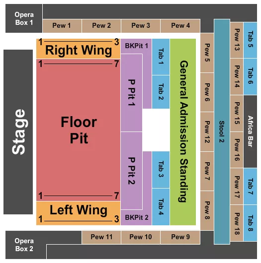 Endstage - RSV Floor Pit Seating Chart at House Of Blues. The chart shows the main floor/stage with seating options surrounding it, which are color coded