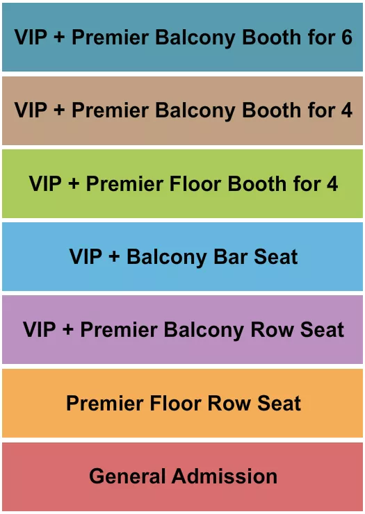GA & Premiers/VIP Seating Chart at Howard Theatre. The chart shows the main floor/stage with seating options surrounding it, which are color coded