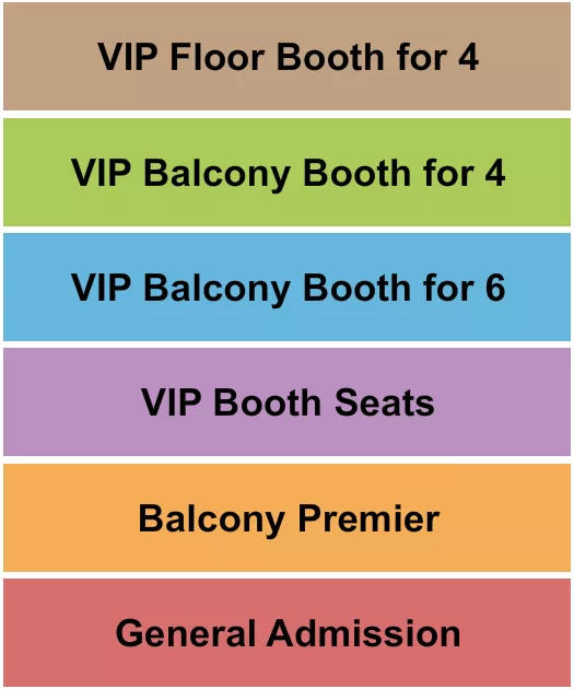 GA & VIP Tables Seating Chart at Howard Theatre. The chart shows the main floor/stage with seating options surrounding it, which are color coded