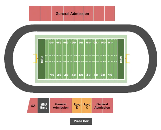 Football 2020 Seating Chart at Hughes Stadium - MD. The chart shows the main floor/stage with seating options surrounding it, which are color coded