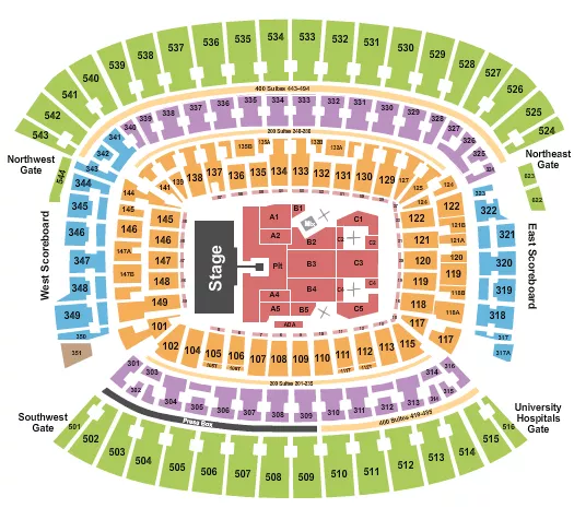 Foo Fighters Seating Chart at Huntington Bank Field. The chart shows the main floor/stage with seating options surrounding it, which are color coded