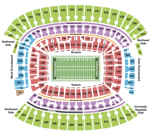 Football NO VFS Seating Chart at Huntington Bank Field. The chart shows the main floor/stage with seating options surrounding it, which are color coded