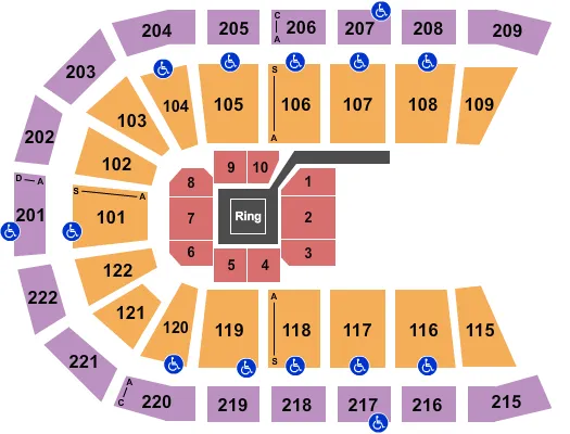 Boxing Seating Chart at Huntington Center. The chart shows the main floor/stage with seating options surrounding it, which are color coded