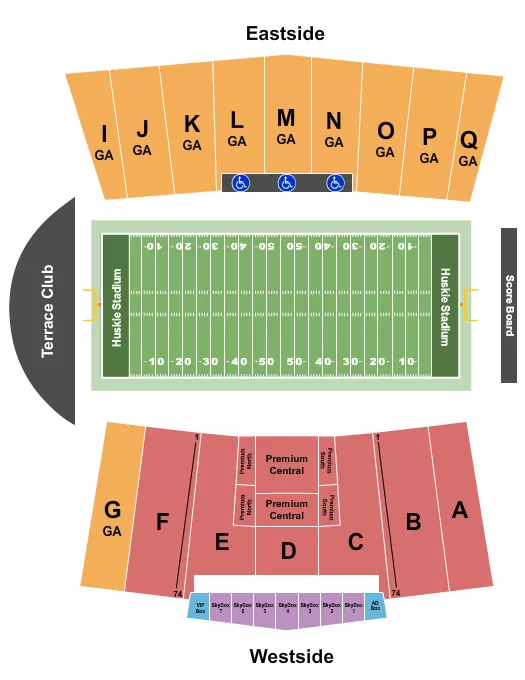 Football-2 Seating Chart at Huskie Stadium. The chart shows the main floor/stage with seating options surrounding it, which are color coded