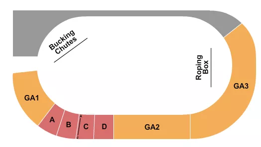 Rodeo Seating Chart at Hyder-Burks Agricultural Pavilion. The chart shows the main floor/stage with seating options surrounding it, which are color coded