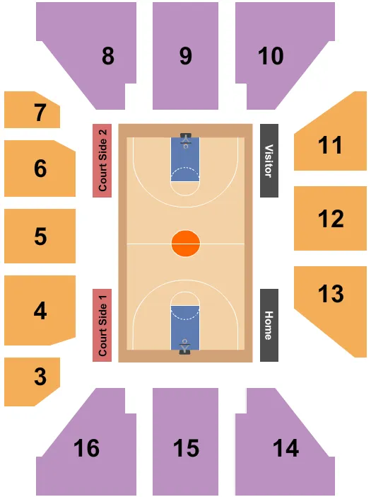 Basketball-2 Seating Chart at Hynes Athletics Center. The chart shows the main floor/stage with seating options surrounding it, which are color coded