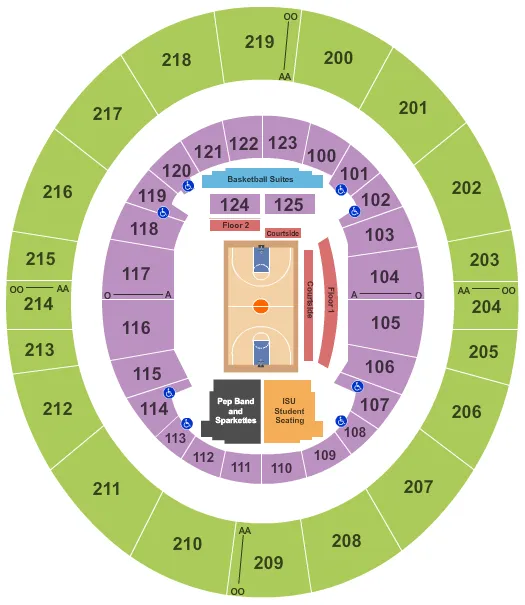 Basketball Seating Chart at ISU Hulman Center. The chart shows the main floor/stage with seating options surrounding it, which are color coded