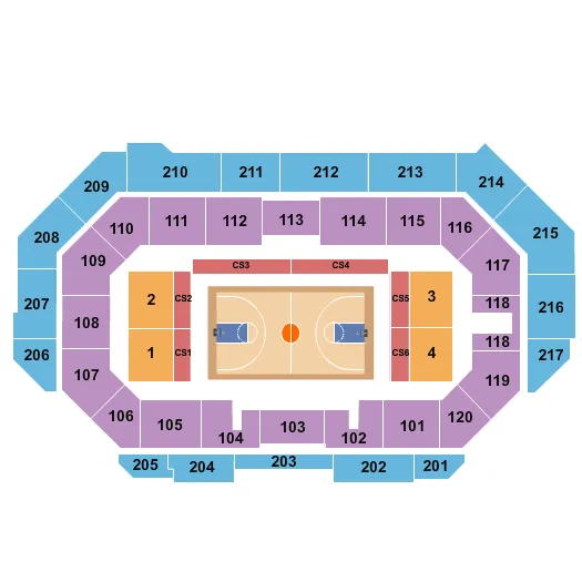 Basketball 2 Seating Chart at Idaho Central Arena. The chart shows the main floor/stage with seating options surrounding it, which are color coded