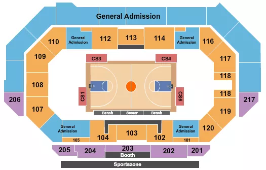 Big Sky Basketball GA Seating Chart at Idaho Central Arena. The chart shows the main floor/stage with seating options surrounding it, which are color coded