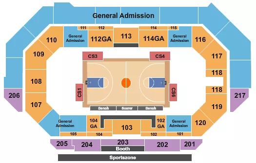 Big Sky Basketball GA Seating Chart at Idaho Central Arena. The chart shows the main floor/stage with seating options surrounding it, which are color coded