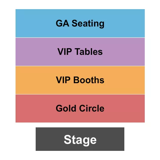Laugh Factory Seating Chart at  Imagine Showroom at Horseshoe. The chart shows the main floor/stage with seating options surrounding it, which are color coded