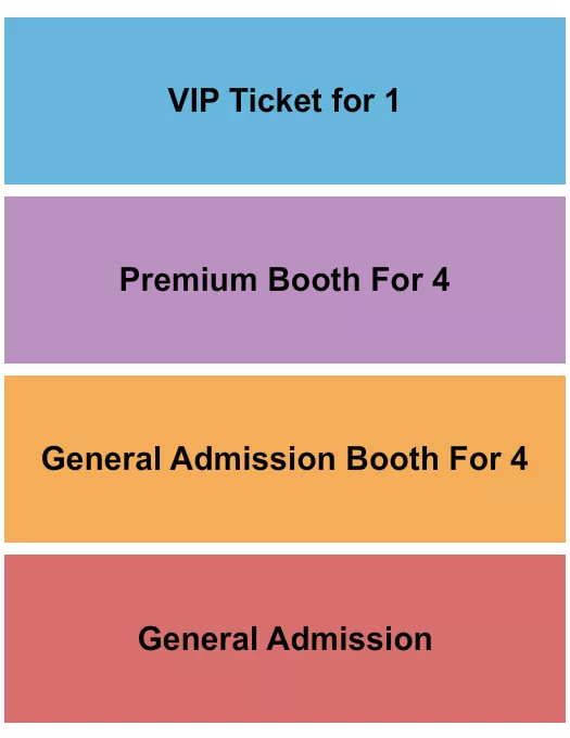 GA/Booth/Prem/VIP Seating Chart at Improv Comedy Club. The chart shows the main floor/stage with seating options surrounding it, which are color coded