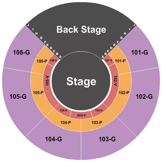 Circus Seating Chart at Independence Center Mall. The chart shows the main floor/stage with seating options surrounding it, which are color coded