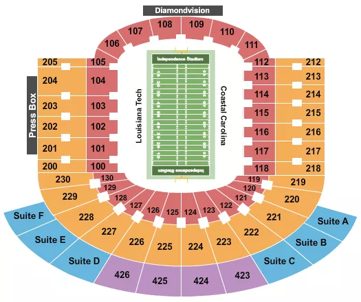 Independence Bowl Seating Chart at Independence Stadium. The chart shows the main floor/stage with seating options surrounding it, which are color coded