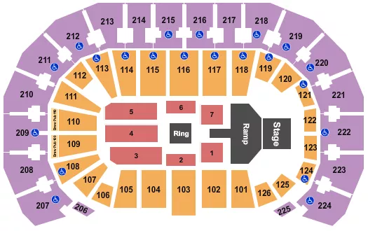 AEW Seating Chart at INTRUST Bank Arena. The chart shows the main floor/stage with seating options surrounding it, which are color coded