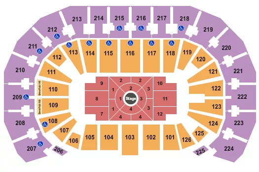 Center Stage Seating Chart at INTRUST Bank Arena. The chart shows the main floor/stage with seating options surrounding it, which are color coded