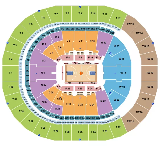 Basketball - Globetrotters Seating Chart at Intuit Dome. The chart shows the main floor/stage with seating options surrounding it, which are color coded