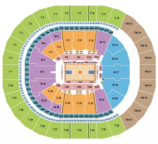 Basketball - Globetrotters Seating Chart at Intuit Dome. The chart shows the main floor/stage with seating options surrounding it, which are color coded