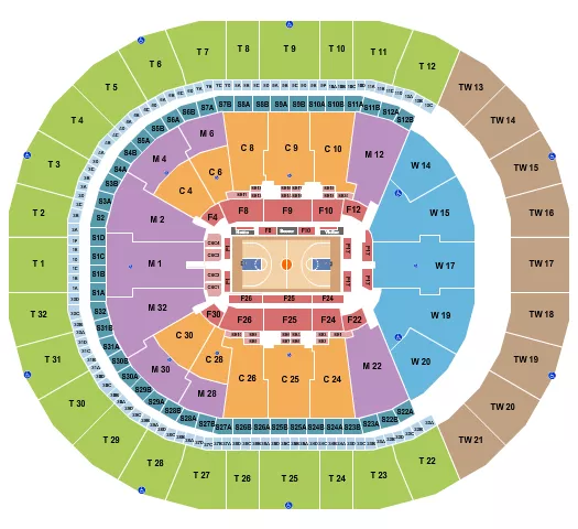 Basketball Row Seating Chart at Intuit Dome. The chart shows the main floor/stage with seating options surrounding it, which are color coded