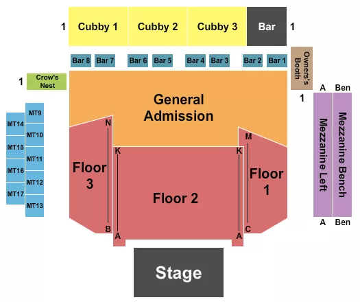 Endstage - RSV & GA Floor Seating Chart at Iron City. The chart shows the main floor/stage with seating options surrounding it, which are color coded