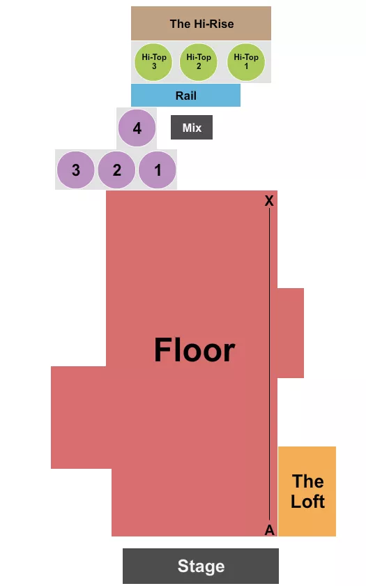 Endstage Reserved & Loft Seating Chart at Irving Plaza. The chart shows the main floor/stage with seating options surrounding it, which are color coded
