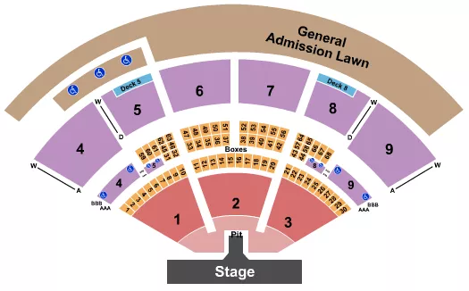 Dierks Bentley Seating Chart at Isleta Amphitheater. The chart shows the main floor/stage with seating options surrounding it, which are color coded