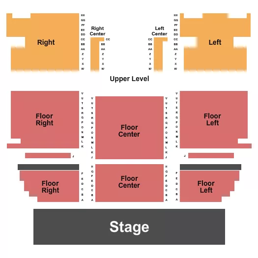 Endstage 3 Seating Chart at J. Everett Collins Center for the Performing Arts. The chart shows the main floor/stage with seating options surrounding it, which are color coded