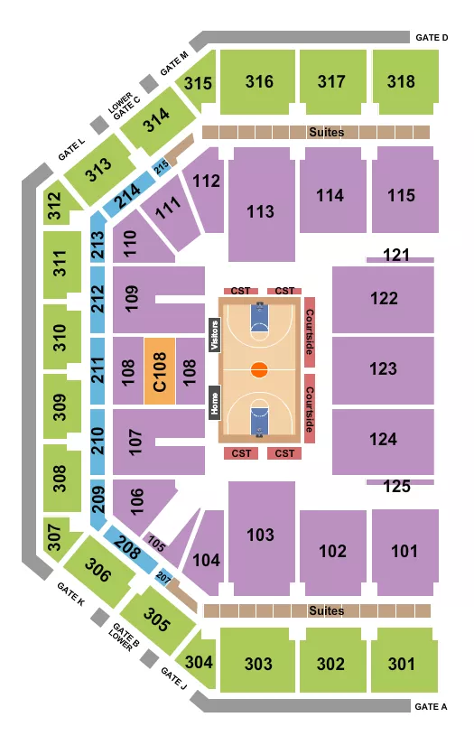 Basketball Seating Chart at JMA Wireless Dome. The chart shows the main floor/stage with seating options surrounding it, which are color coded