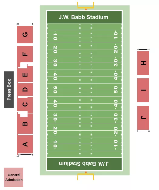 Football Seating Chart at J.W. Babb Stadium. The chart shows the main floor/stage with seating options surrounding it, which are color coded