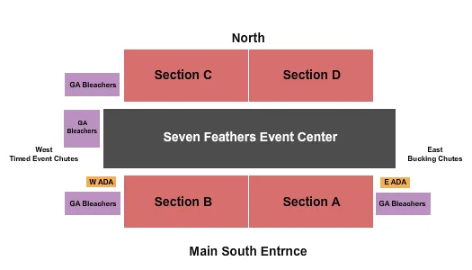 Rodeo Seating Chart at Jackson County Fairground. The chart shows the main floor/stage with seating options surrounding it, which are color coded